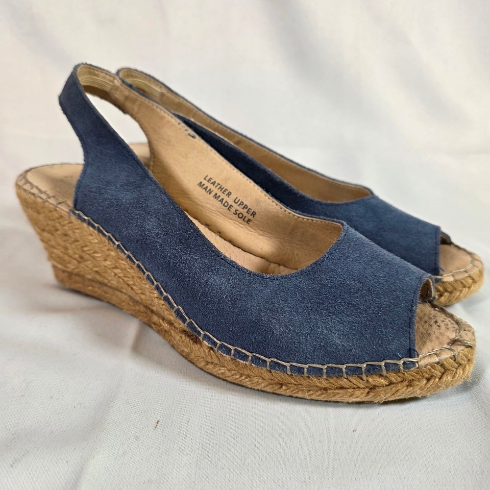 FABIOLAS Blue Suede Espadrille Wedge Sandals Peep‎ Toe Made in Spain Size 39/8.5
